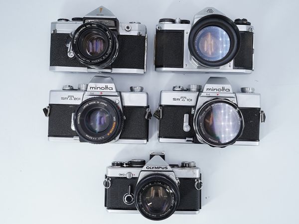 M1214【ヴィンテージカメラ】OM-2/SR-T/PETRIなど　レンズ付き一眼レフ機５台まとめて