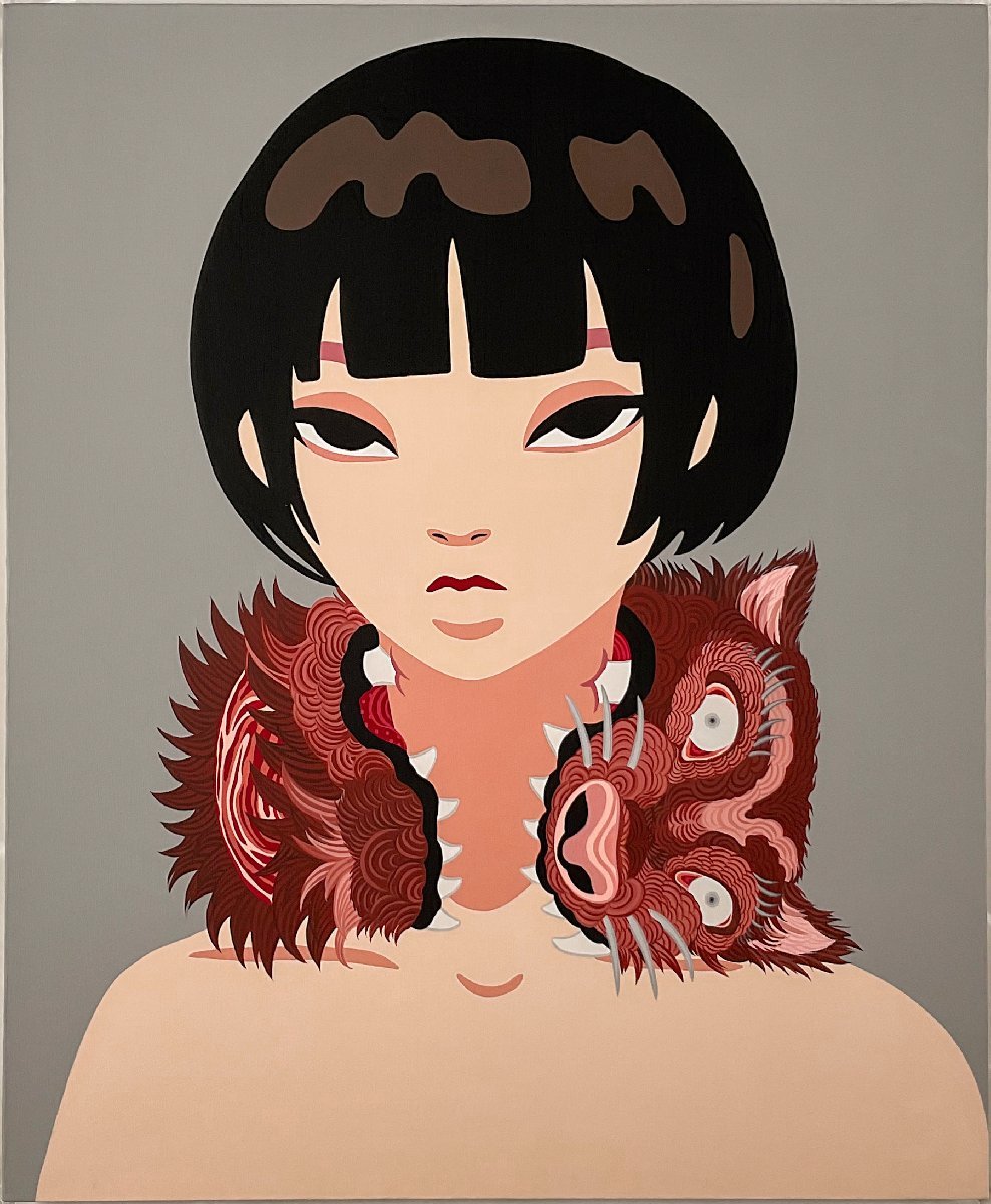 真作 油彩画/二科会常務理事【久保繁造】「お盆」共シール 裏書 直筆