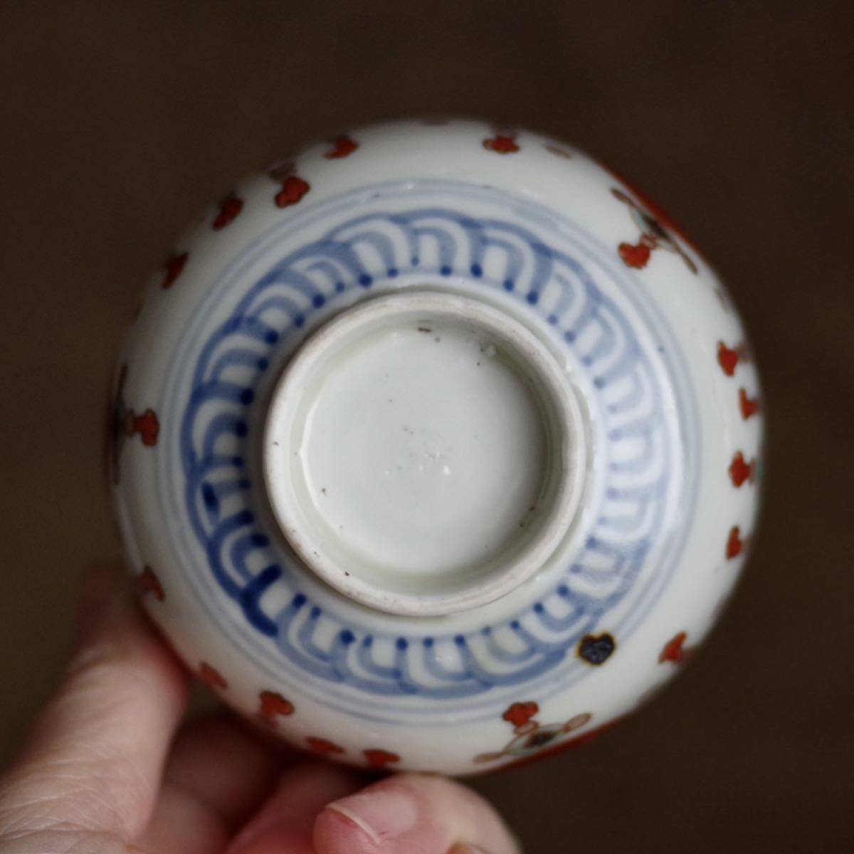 無傷】赤玉瓔珞文 色絵ころ茶碗 古伊万里 江戸後期 酒器 酒盃 大盃