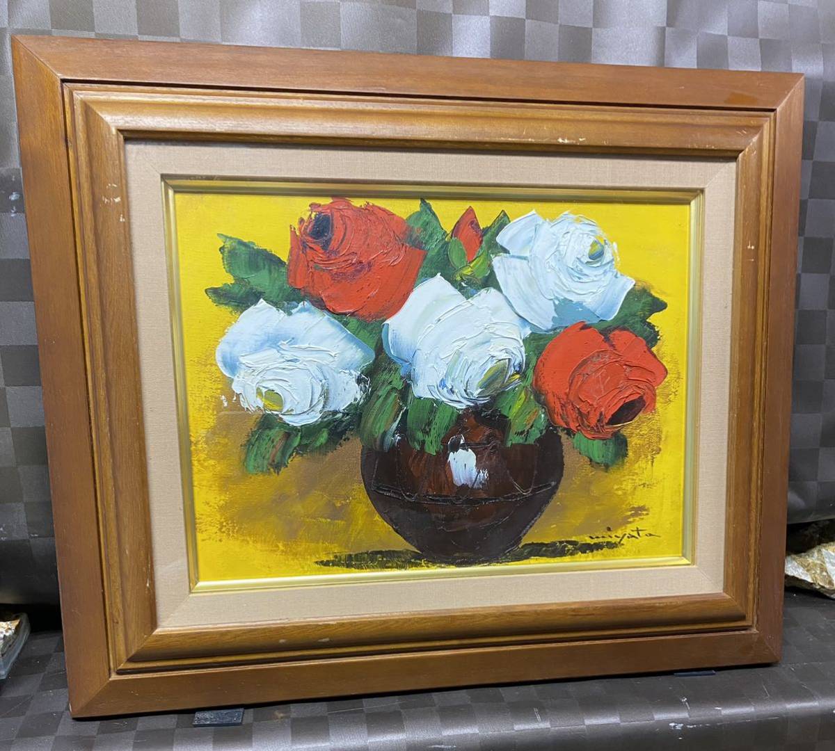 「真作」宮田為義　薔薇の絵　靜物画　絵画　油彩画　額装　F15号 真作 油彩画 油絵 宮田将司 【バラ】 F4号 静物画 額縁 額装
