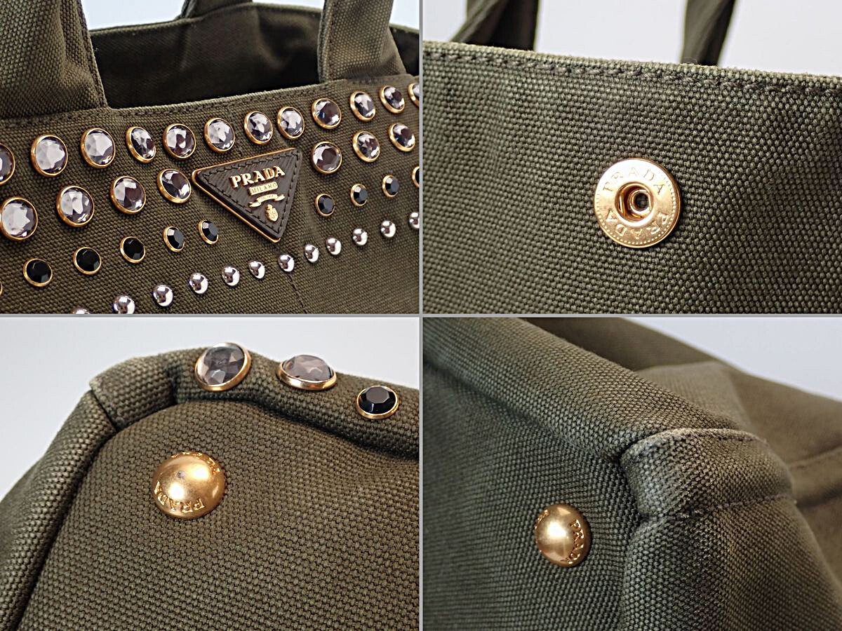 プラダ　カナパビジュー！！レアなカーキ 質屋】PRADA プラダ カナパ ビジュー ラージトート（グリーン カーキ