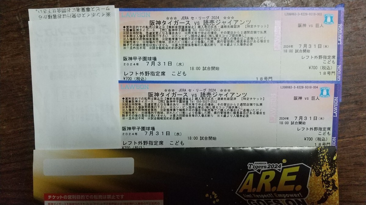 7月31日水曜日甲子園球場　阪神対巨人レフト外野指定席　大人2枚子供2枚通路側含む4連席_2