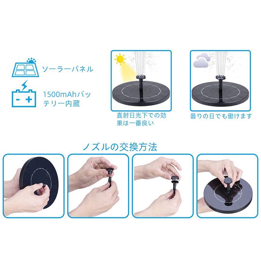 ソーラー 噴水 ポンプ 庭の噴水用 1500mAhバッテリー 省エネ ウォーターポンプ エコ 酸素供給 蓄電式 曇りでも動く_10