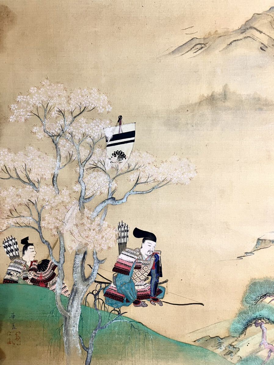 真作] [S8] 華蓋「楠木正成拝鳳輦図」絹本 肉筆 超大幅 歴史人物画