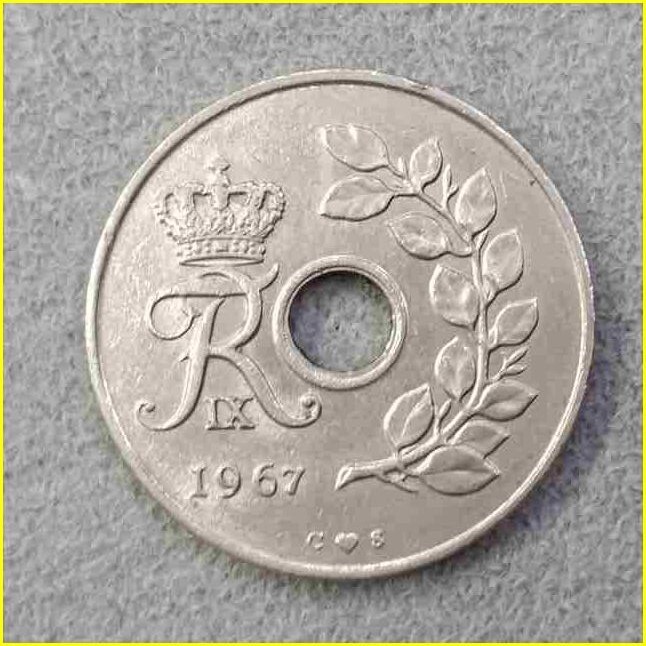 デンマーク 25オーレ 硬貨/1967年】 25 ORE 旧硬貨/穴あきコイン/古銭