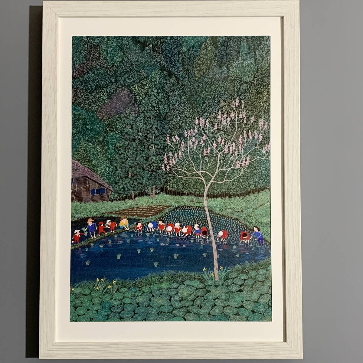 □原田泰治□「田植えの子供たち 1992」/A4額装品/課外授業/昭和の風景