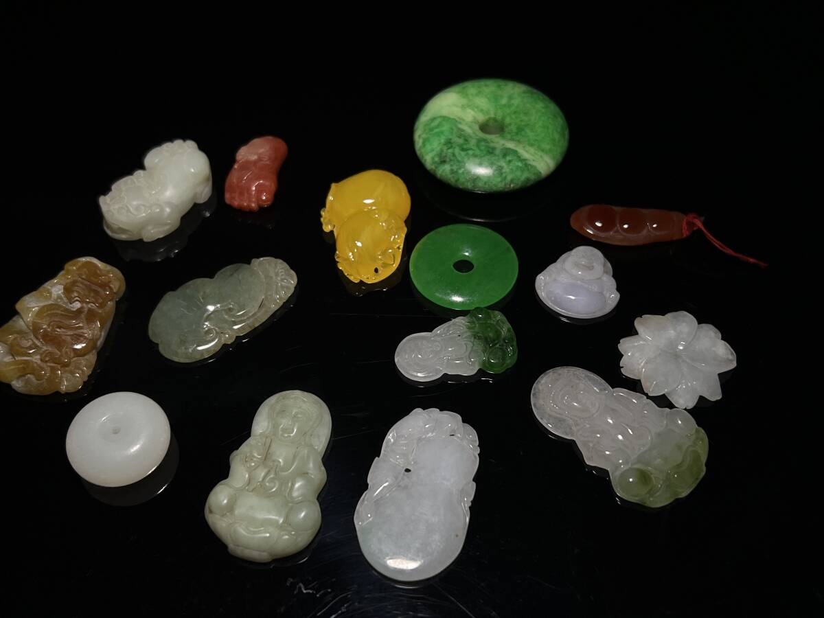 中国古玩 時代物 和田玉 本翡翠 氷種飄花 ペンダント 平安扣 瑞獣観音