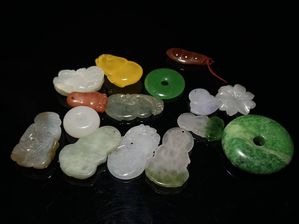 中国古玩 時代物 和田玉 本翡翠 氷種飄花 ペンダント 平安扣 瑞獣観音