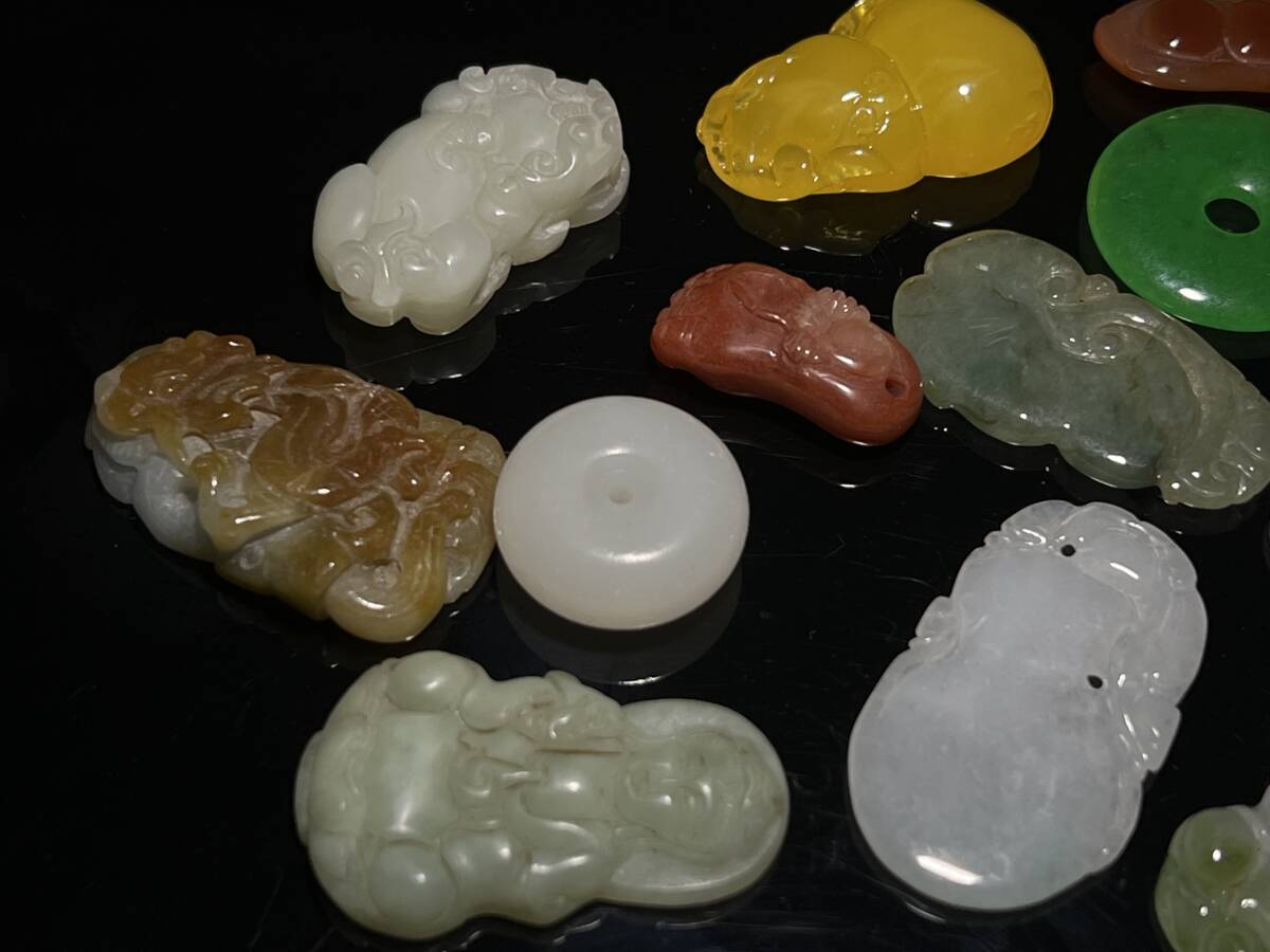 中国古玩 時代物 和田玉 本翡翠 氷種飄花 ペンダント 平安扣 瑞獣観音