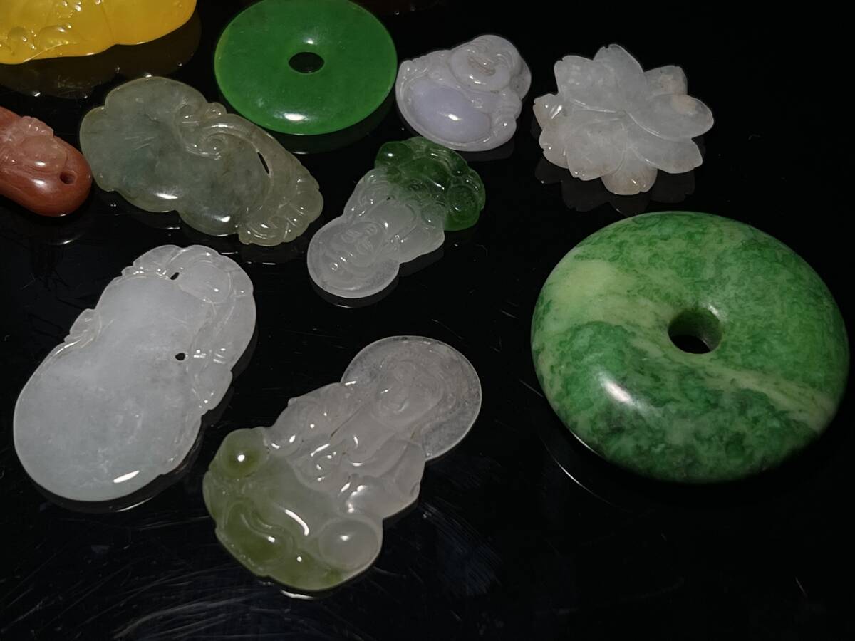中国古玩 時代物 和田玉 本翡翠 氷種飄花 ペンダント 平安扣 瑞獣観音