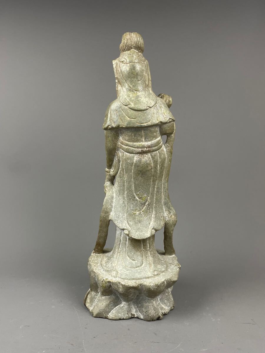 中国古玩 仏教美術 仏像 置物 玉石製 仏像 石製 観音菩薩像 桐箱付