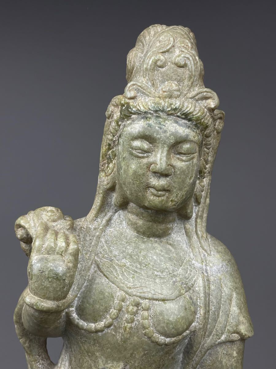 中国古玩 仏教美術 仏像 置物 玉石製 仏像 石製 観音菩薩像 桐箱付