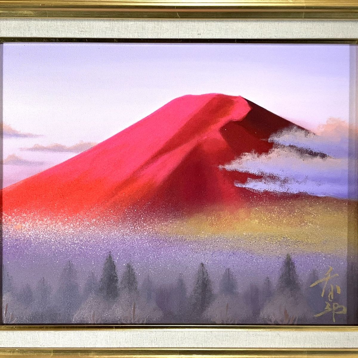 真作□油彩□徳田春邦□『赤富士』□鮮やかな逸品□第一美術協会会員