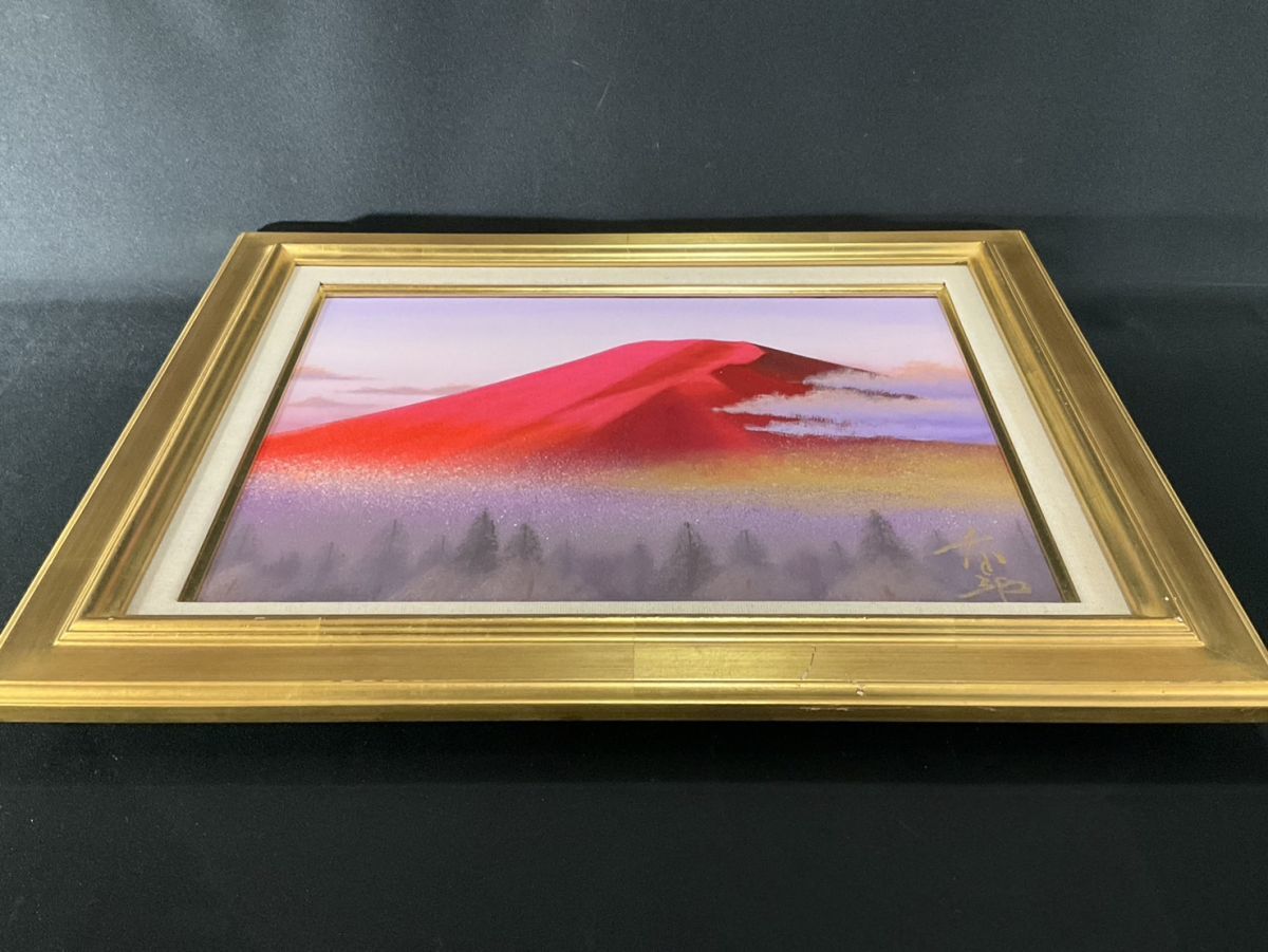 真作□油彩□徳田春邦□『赤富士』□鮮やかな逸品□第一美術協会会員