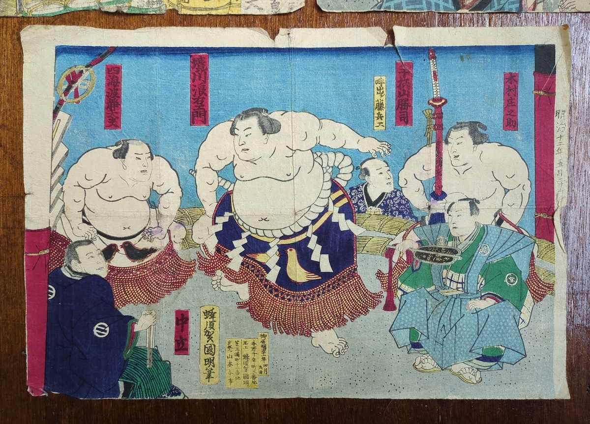 相撲 明治時代 浮世絵３枚「「大関剣山＆横綱大砲＆横綱小錦」 浮世絵 相撲 3枚一括 角力 江戸期 明治期 木版画 錦絵 番付 手形 力士