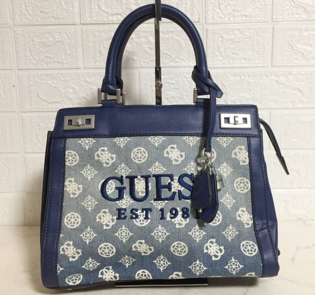 no30671 GUESS ゲス PUレザー デニム インディゴ キャンバス ハンド 