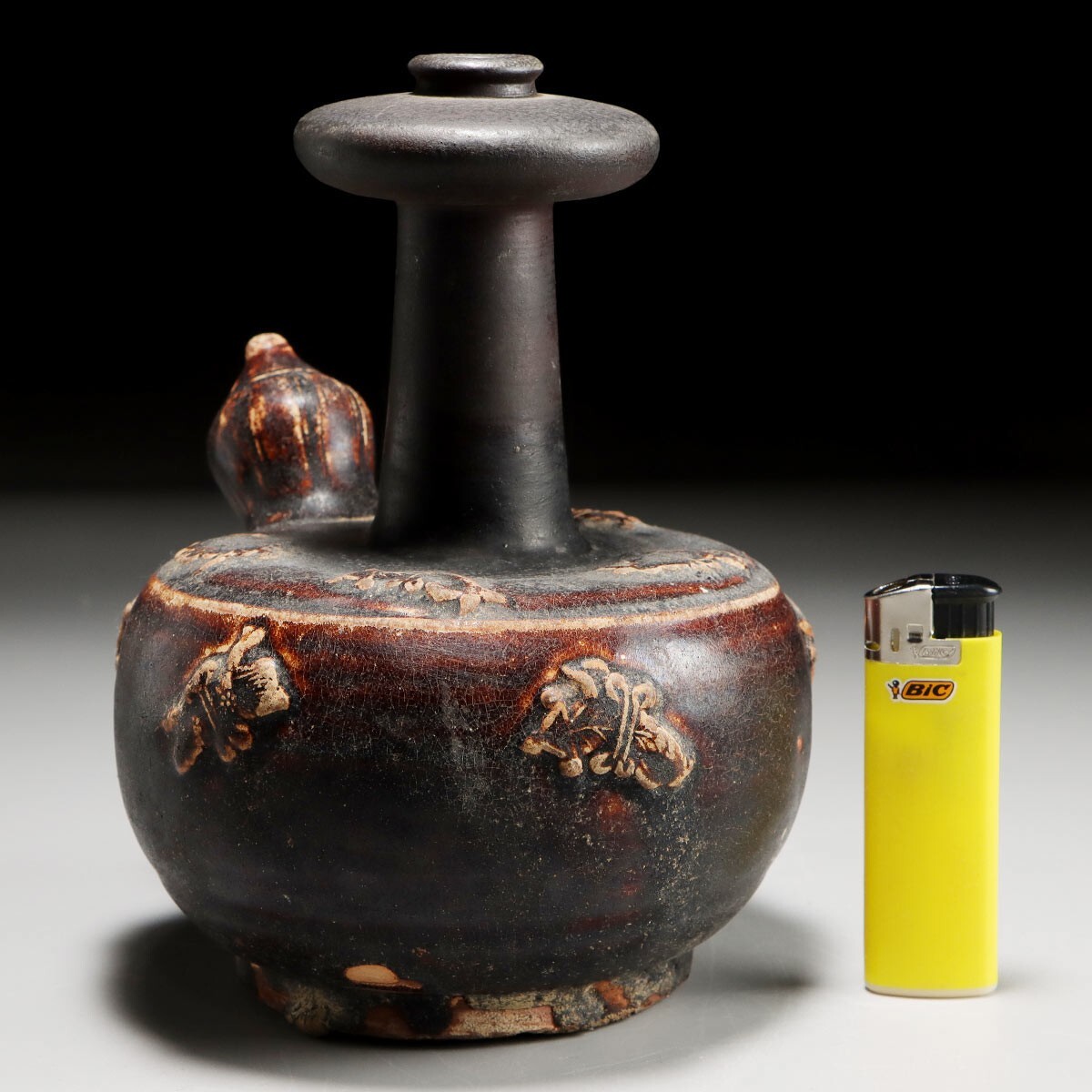PJ741. 中国古玩 元代 褐釉 装飾 水注 徳利 高さ17.5cm / 陶器陶芸時代