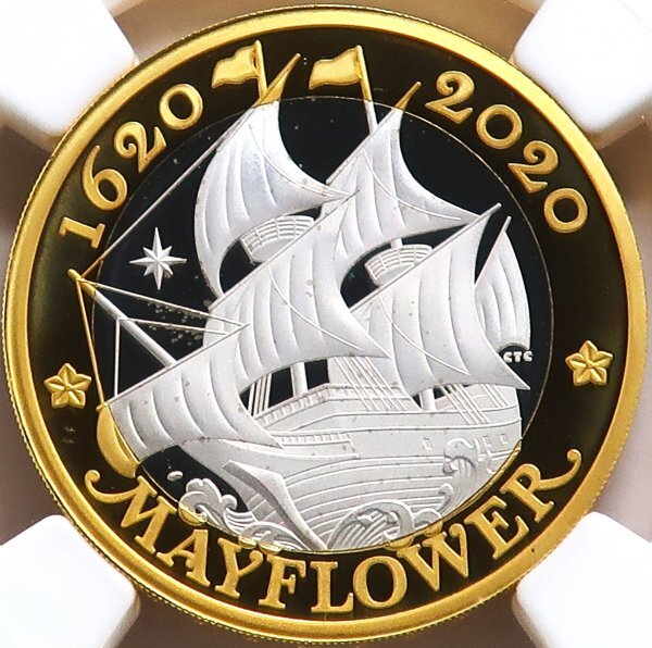 イギリス　2ポンド銀貨（ピエフォー）メイフラワー号出航400周年記念　2020年 ご縁スタート】厚さ倍！ イギリス 2020年 メイフラワー号出航400周年