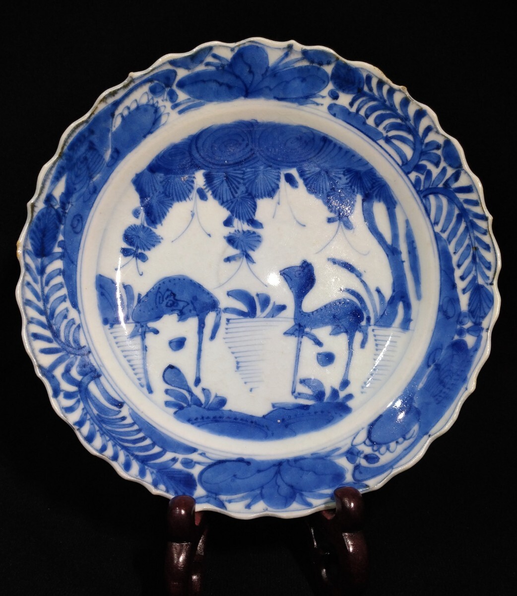 古い中国 明末 南京染付 草花文 双鹿図 輪花 22cm 中