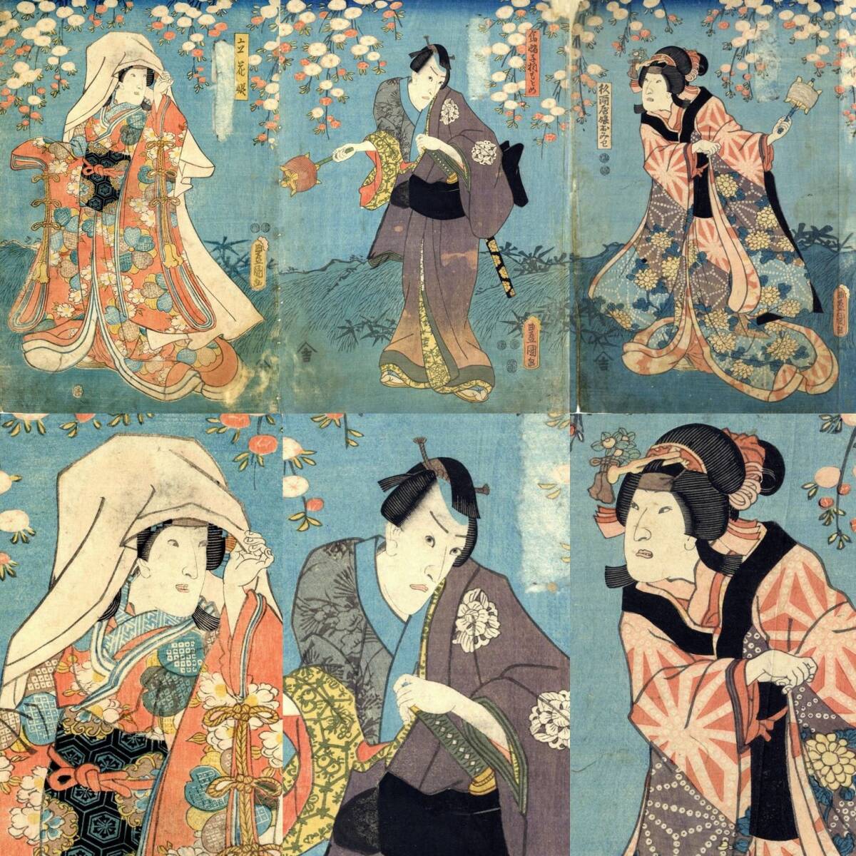 浮世絵 国貞 役者絵 美人画 真作 版画 保存品 真作】役者絵 歌川国貞 役者絵 浮世絵 木版画 3枚続き 錦絵 北斎 豊原