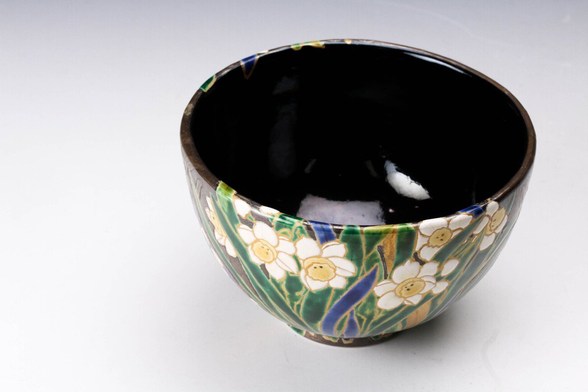 佳香】浅野紫仙 乾山写色絵水仙画茶碗 共箱 栞 茶道具 本物保証(茶碗