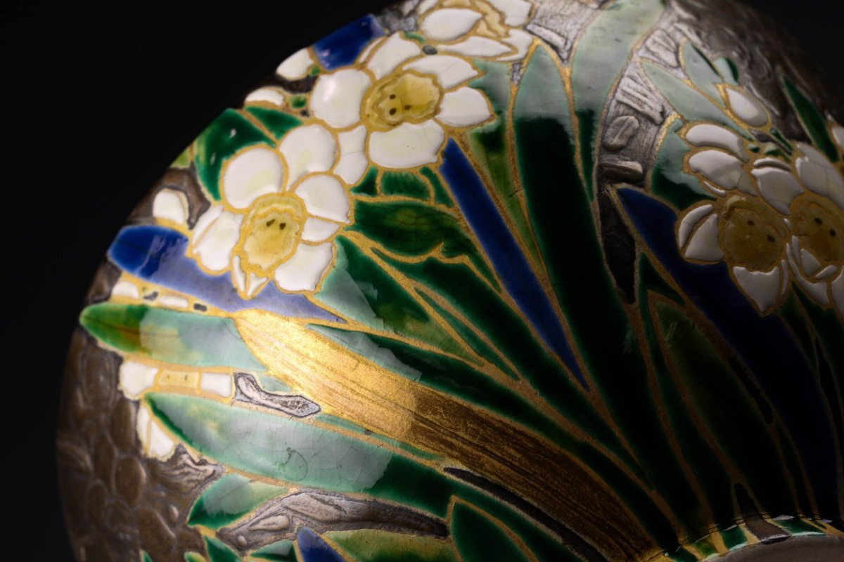 佳香】浅野紫仙 乾山写色絵水仙画茶碗 共箱 栞 茶道具 本物保証(茶碗