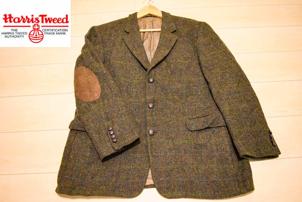 USA製 ハリスツイード テーラードジャケット くるみ釦 エルボーパッチ XL Harris Tweed ハリス ツイード 3釦 胡桃釦 肘革 エルボーパッチ