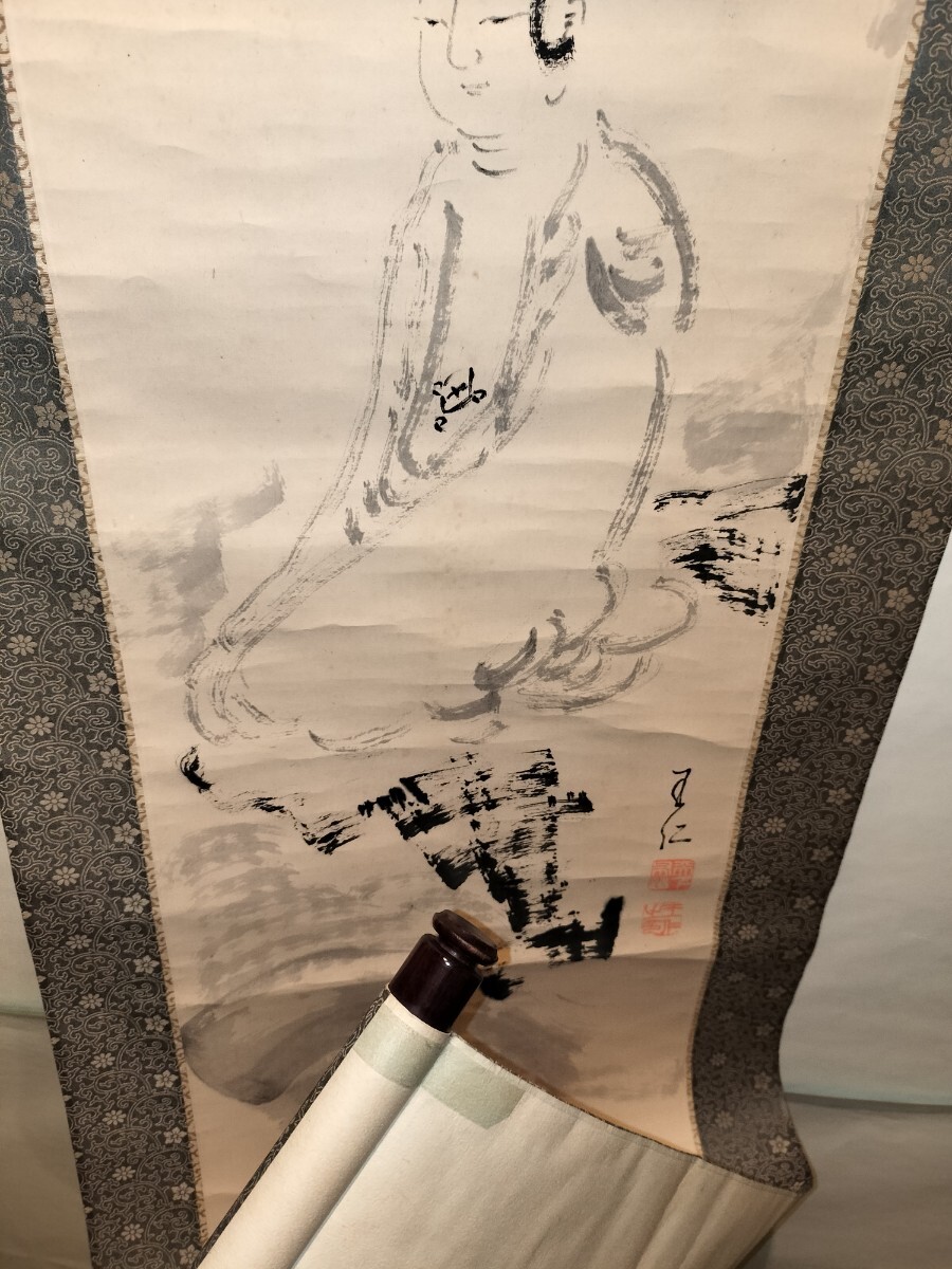 真作] 出口王仁三郎 掛軸 「巌上観音菩薩」 肉筆 紙本 箱付き 仏画