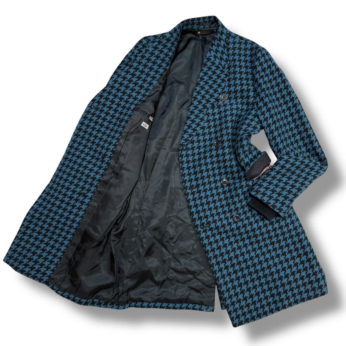 級/ XL ポールスミス 411 Paul Smith 千鳥格子柄ダブル チェスターコート 高級シルク混 アウター メンズ ロングコート ...
