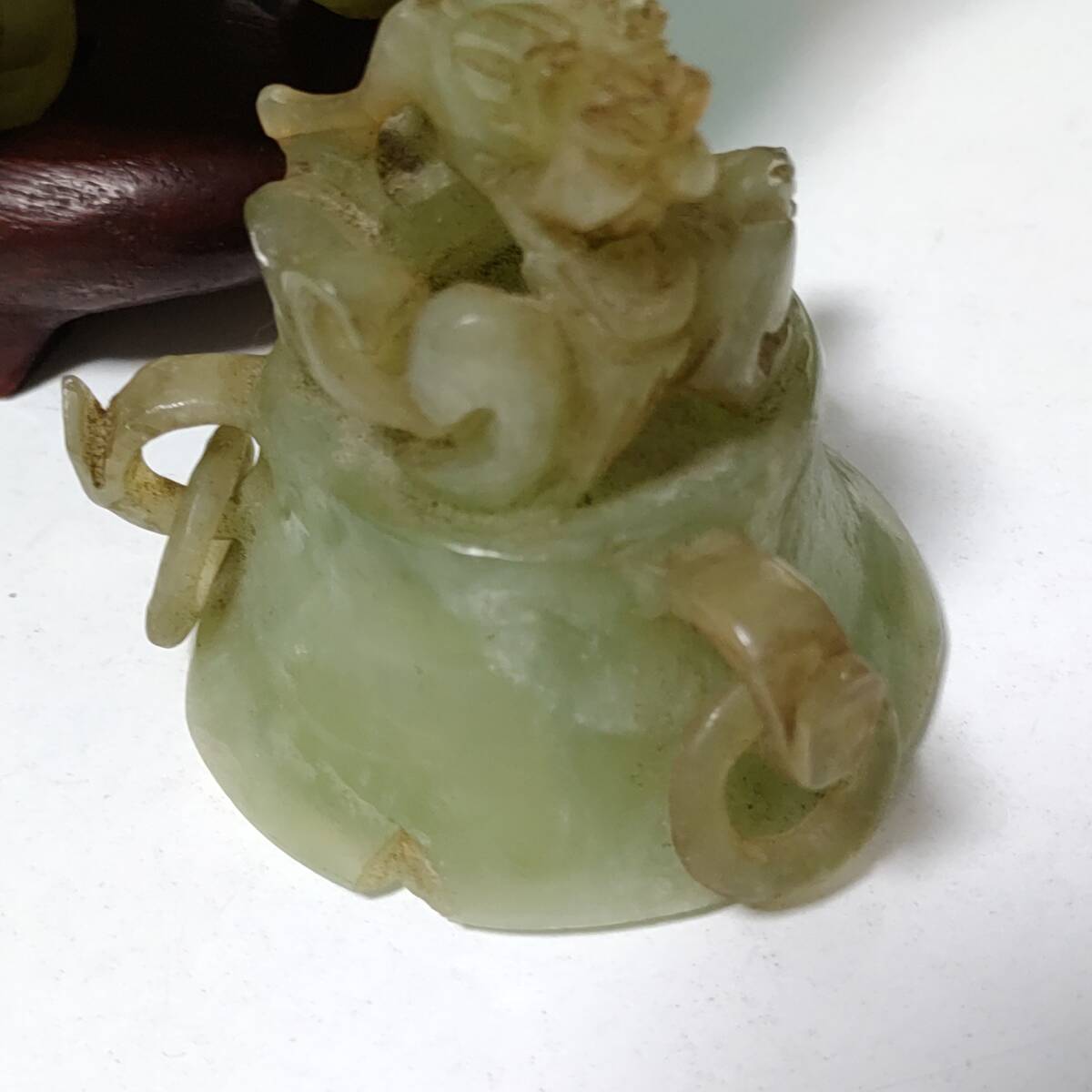 △ 3/24 287377 香炉 三つ足 龍 ドラゴン 翡翠 石 グリーン系 骨董