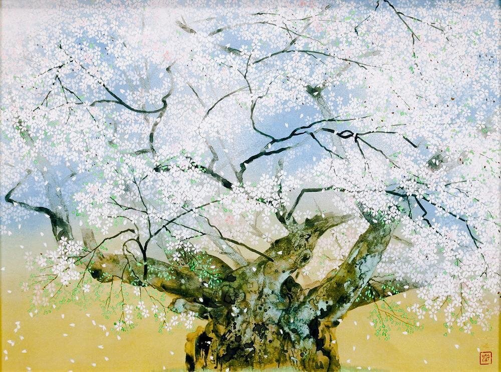 WISH】中島千波「淡墨桜」工芸画 約12号 大作 限定480部 証明シール
