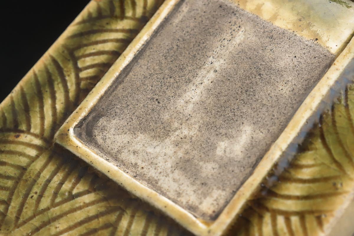 ZM738 時代書道具【北大路魯山人 作】織部硯・織部陶硯 縦14.4cm 木箱