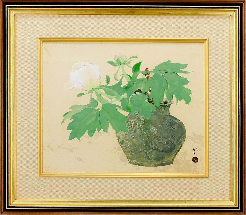 真作】【WISH】川端龍子 日本画 10号大 絹本 ◇陶器に花名画 〇文化