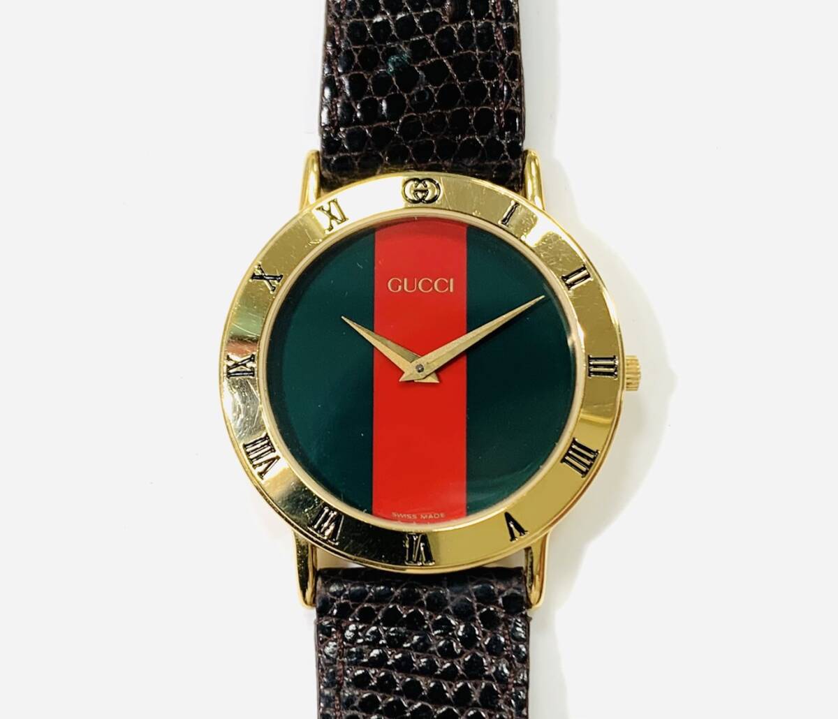 稼働品 GUCCI グッチ 3000.2.M シェリーライン メンズ 腕時計 赤緑
