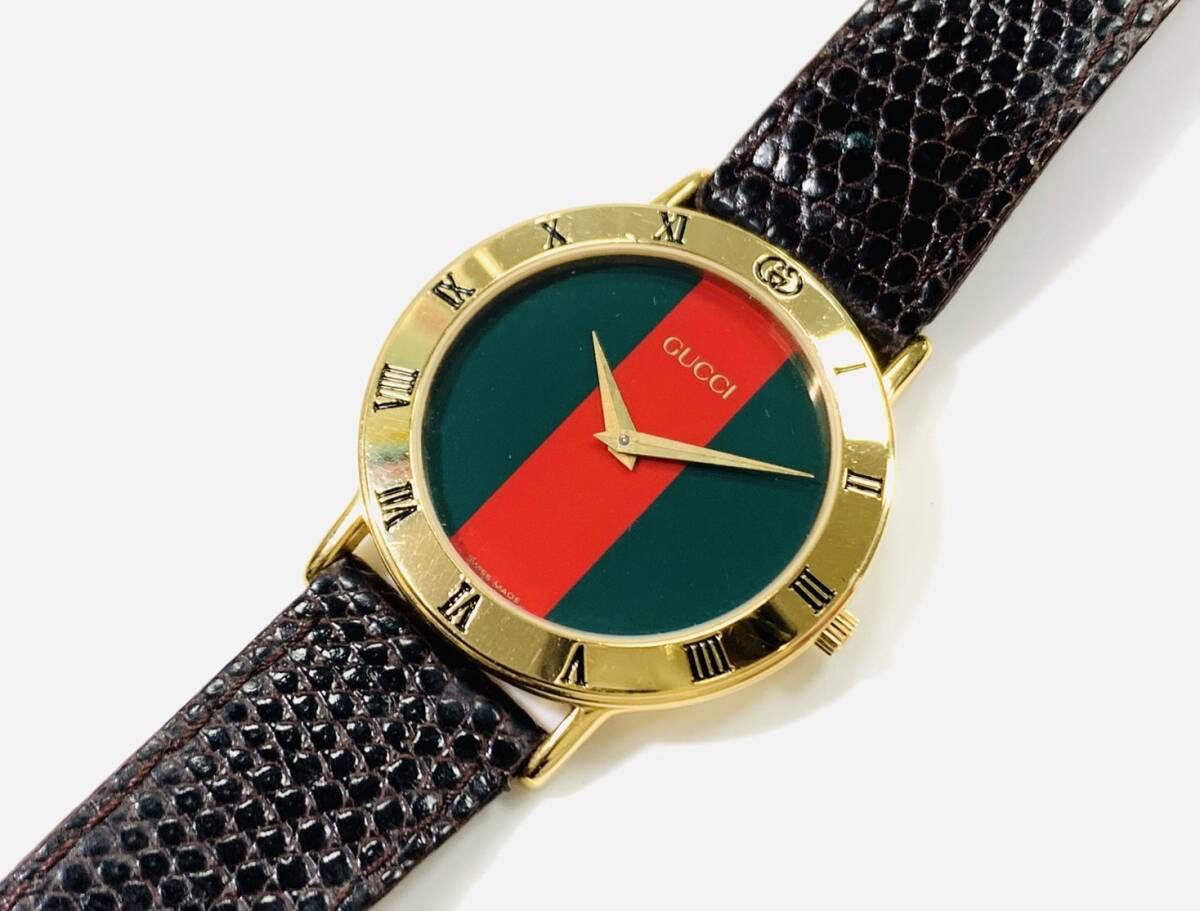 稼働品 GUCCI グッチ 3000.2.M シェリーライン メンズ 腕時計 赤緑