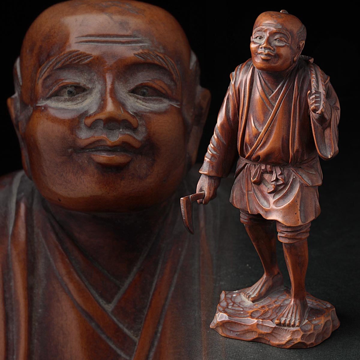 FB055 明治期 時代黄楊木彫「農夫/農民像」置物 高12.3cm 木箱附・柘植