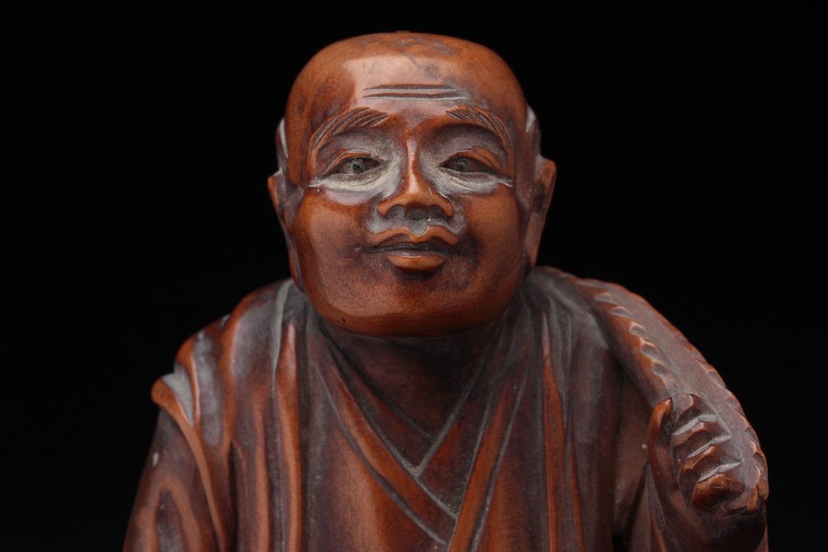 FB055 明治期 時代黄楊木彫「農夫/農民像」置物 高12.3cm 木箱附・柘植