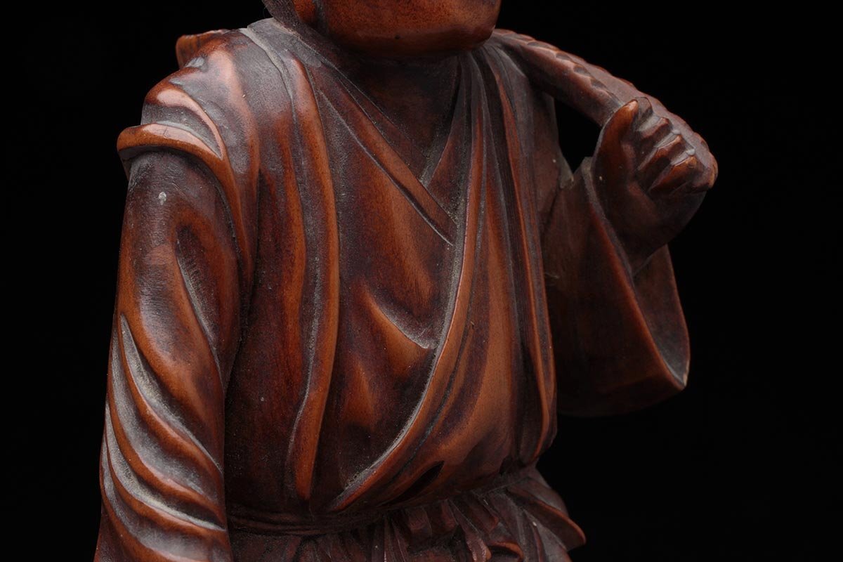 FB055 明治期 時代黄楊木彫「農夫/農民像」置物 高12.3cm 木箱附・柘植