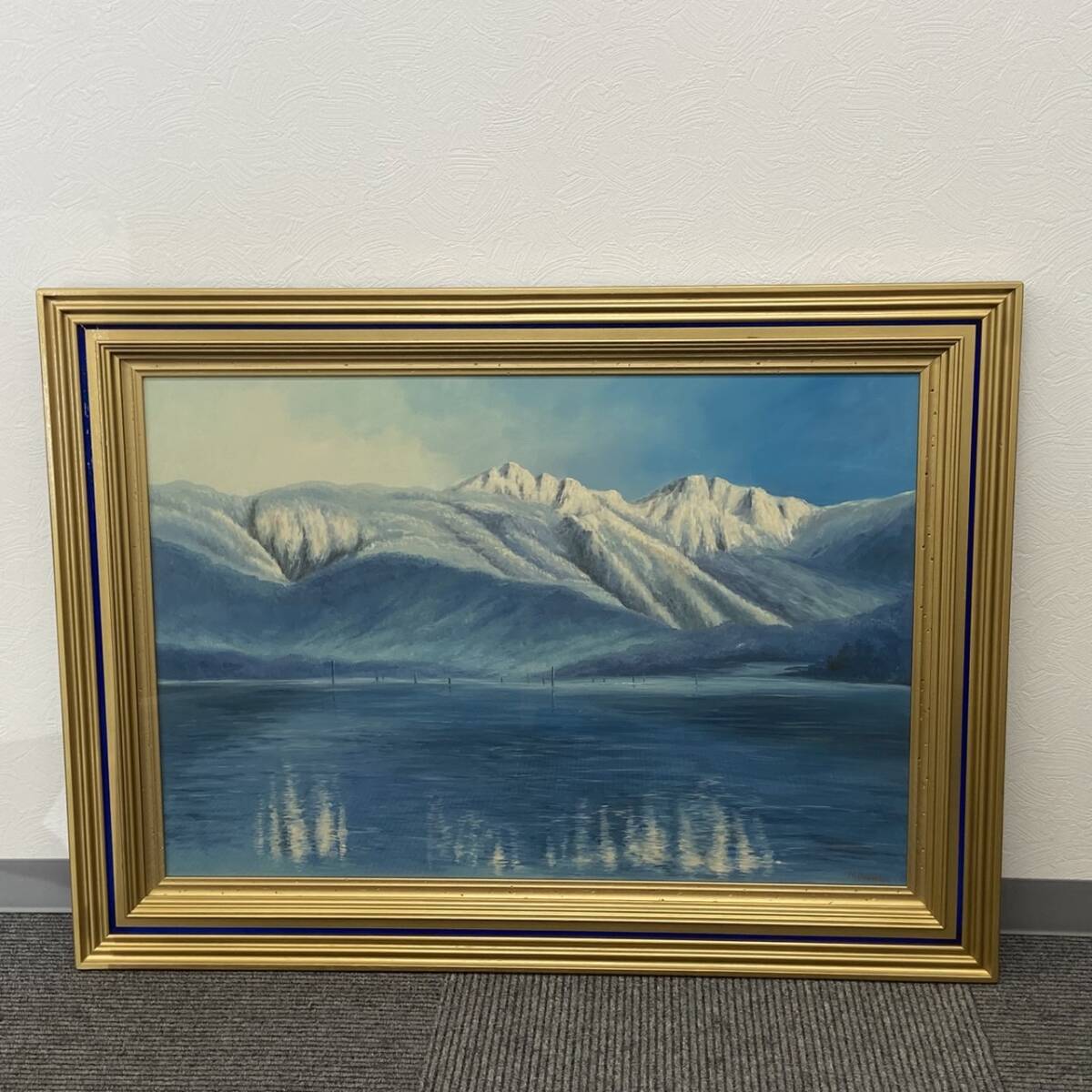 H.Osawa 油彩 油絵 風景画 雪 山岳 山脈 湖 湖面 絵画 美術品 アート