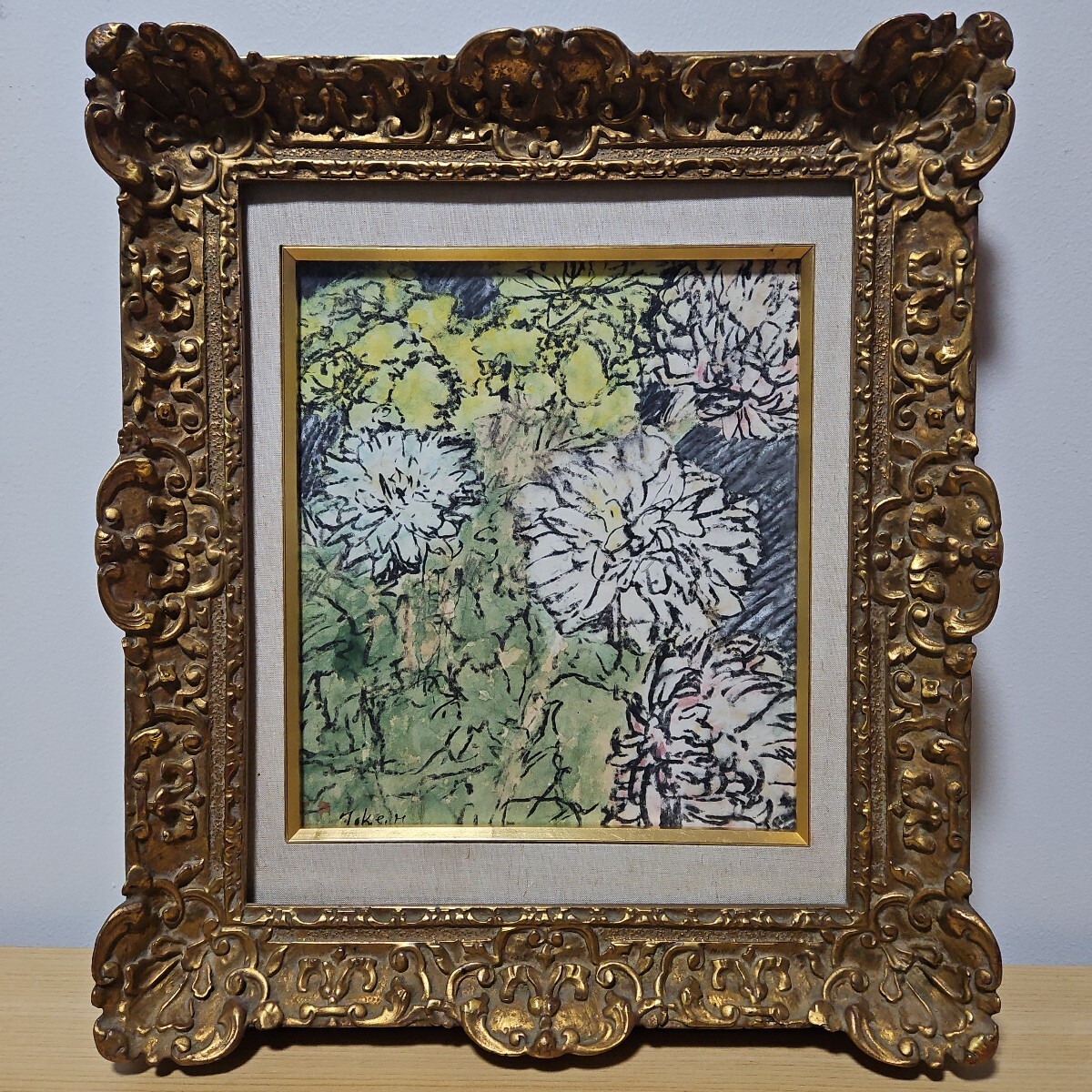 真作保証】林武「菊」 額装3号 サイン有 縦横無尽に走る描線 表現力