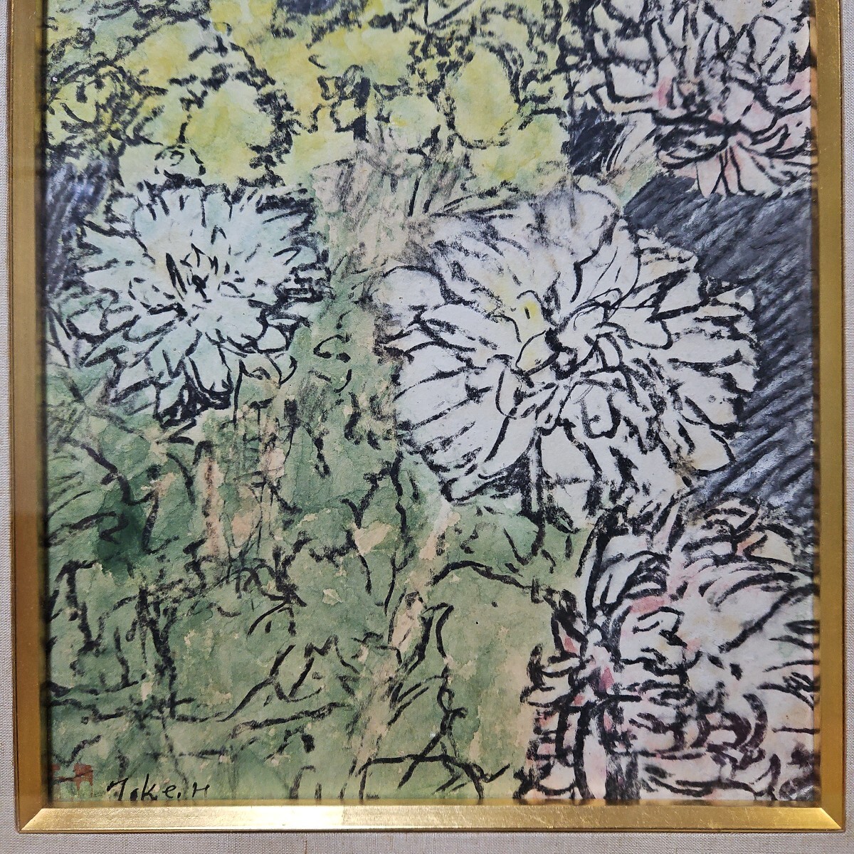 真作】安達茂人「菊花」2002年作 油彩 F3号 額装 サイン・裏書き有