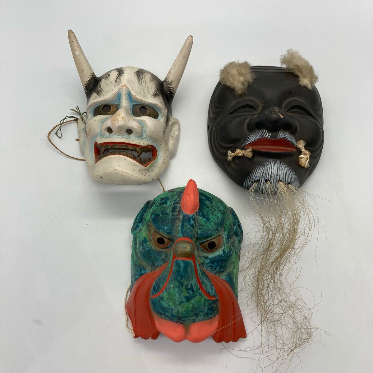 M0909710N 堤焼面 お面 セット 能面 爺面 般若面 鳥天狗 魔除 厄除け