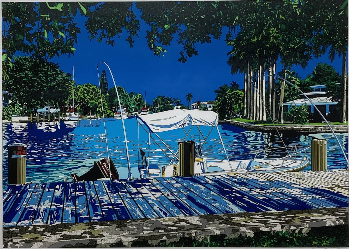 額装品　リトグラフ　R.リントン作　「中国への航海」フランクリン画廊　佳品　稀少 鈴木英人「THE BOAT IN THE SUN」リトグラフ AP 人気イラストレーター
