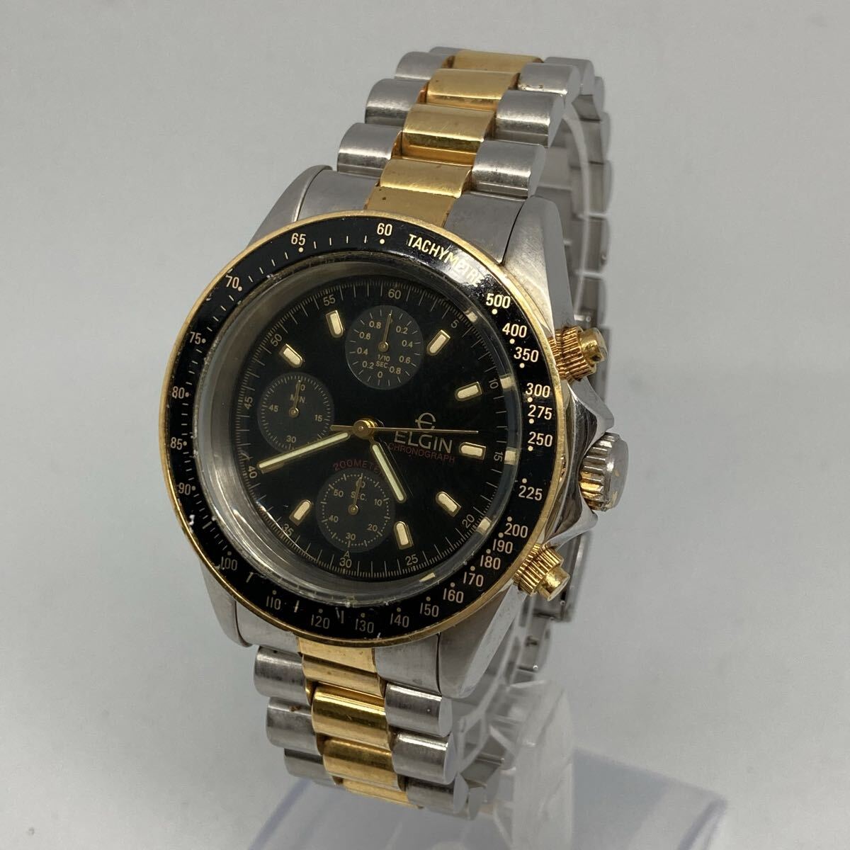 不動品】ELGIN エルジン クォーツ 腕時計 クロノグラフ 黒文字盤 FK 