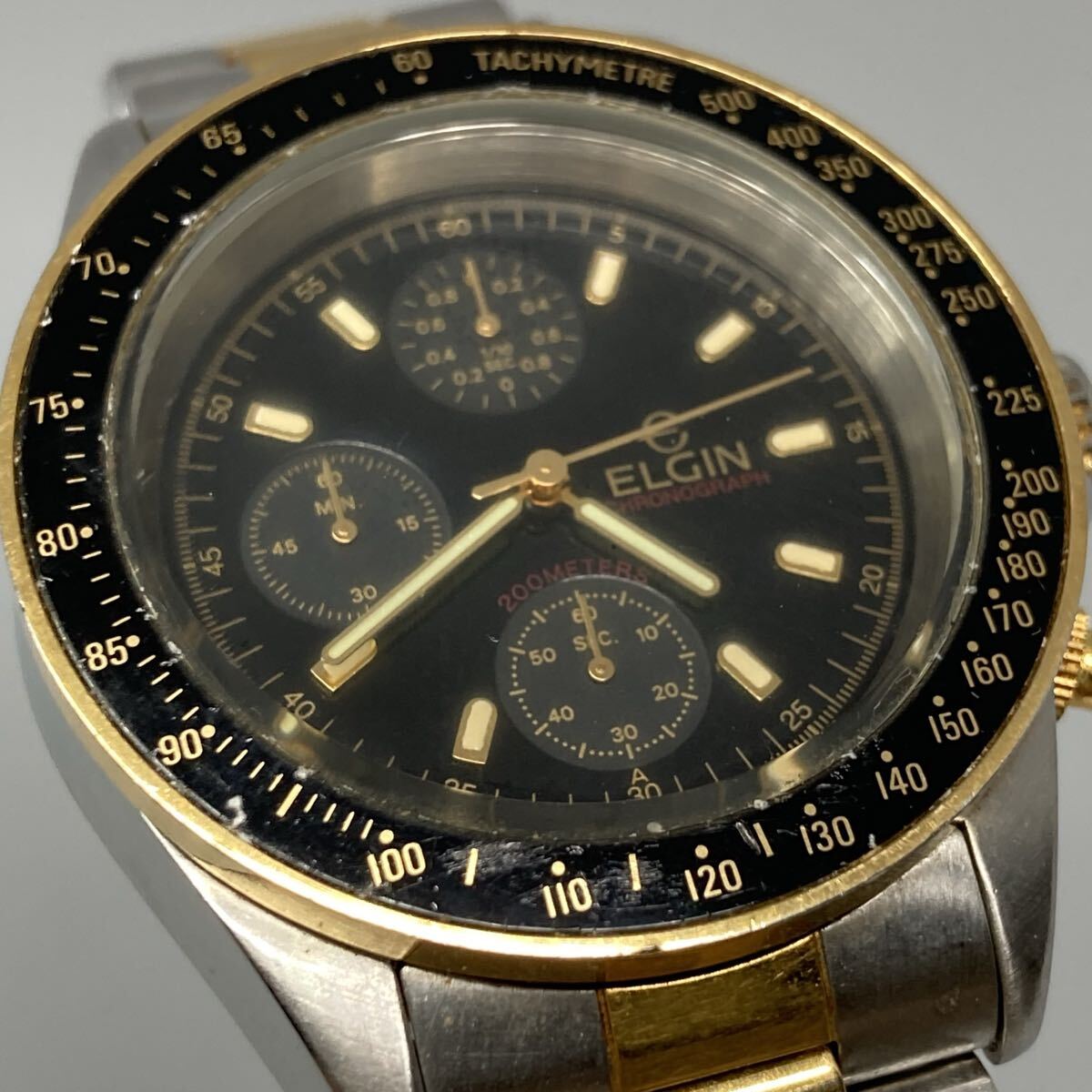 不動品】ELGIN エルジン クォーツ 腕時計 クロノグラフ 黒文字盤 FK 