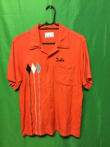 古着　HOUSTOM　ヒューストン　ボーリングシャツ　赤　レーヨン１００　レトロ　ダメージ