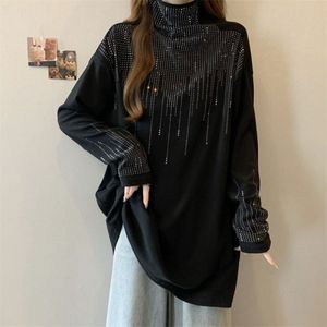 長袖 裏起毛　トップス 体型カバー ハイネック プリント柄　カットソー ブラック　大きい