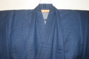 壱火0373 交ぜ織り西陣お召調男着物羽織 裄71丈143К藍瑠璃色亀甲紋 極美品