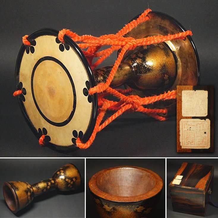慶應◇江戸時代 本願寺・大谷家伝来 蝋色塗梨子地千鳥蒔絵胴 小鼓 黒柿