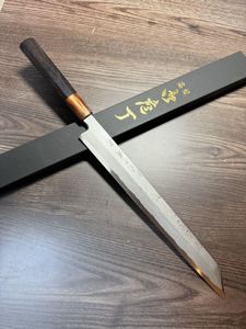 森本光一作 刺身 先丸 青ニ鋼 墨流し 尺一寸 黒檀八角水牛柄